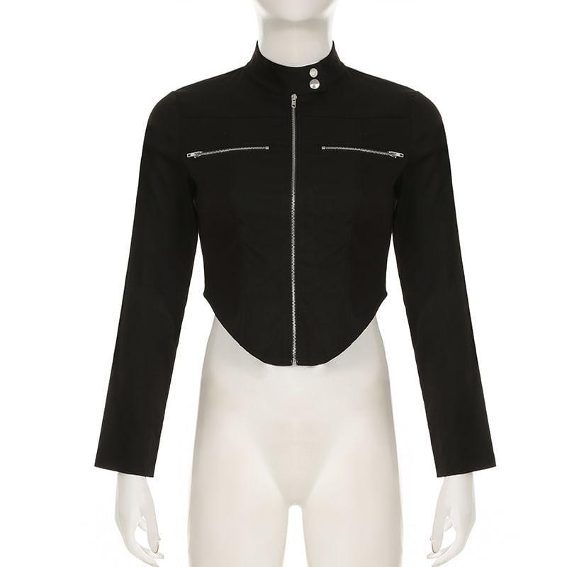 Stand Collar Plain Faux Leather Crop Zip  Jacket Product Image