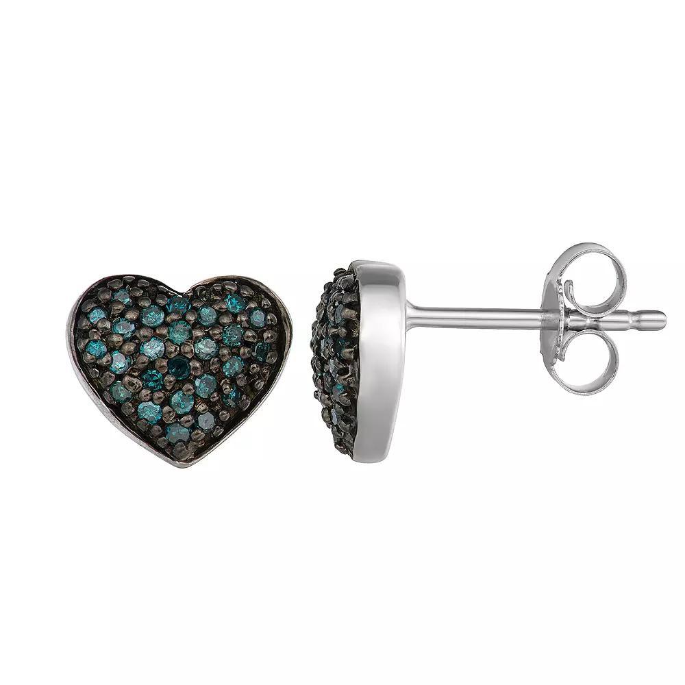 Sterling Silver 1/4 Carat T.W. Blue Diamond Heart Earrings, Women's, Silver Tone Product Image