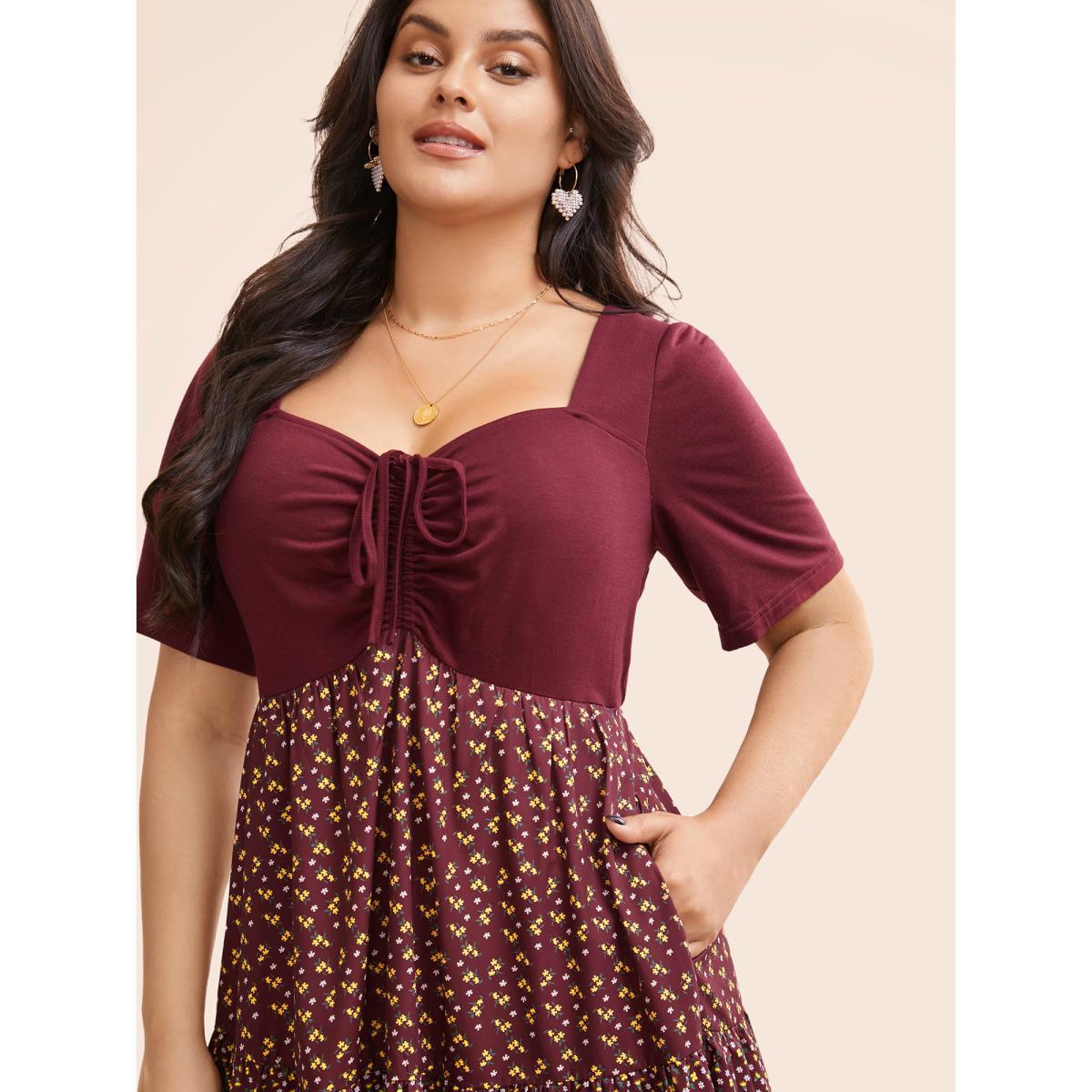 Plus Size Ditsy Floral Patchwork Ruffle Layered Hem Dress Burgundy Women Elegant Patchwork Heart neckline Short sleeve Curvy BloomChic 10/M Product Image