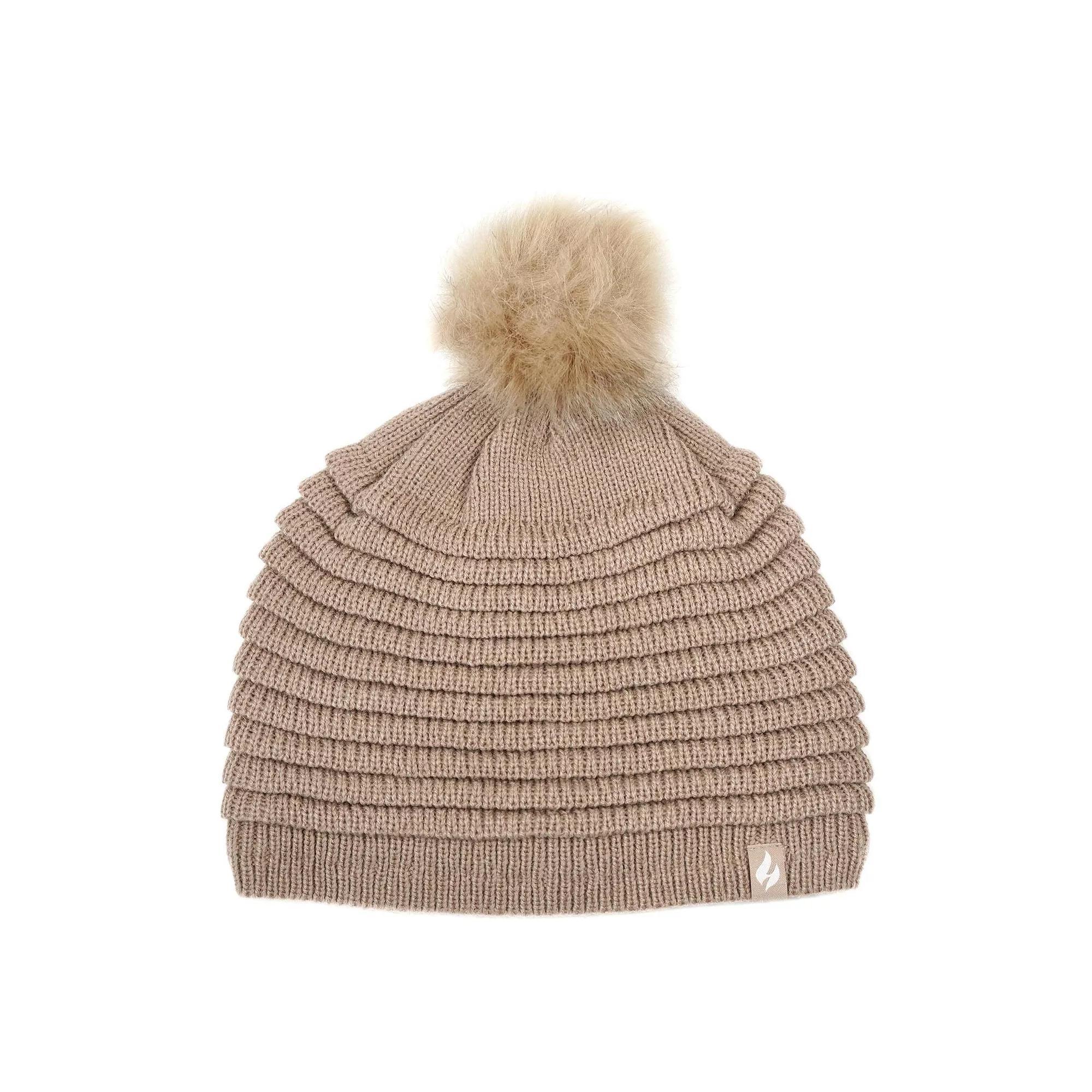 Women's Heat Holders Heatweaver Rib Knit Pom Pom Hat, Beige Product Image