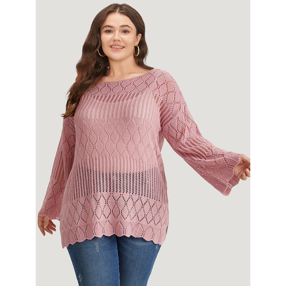 Plus Size Supersoft Essentials Hollow Out Split Side Bell Sleeve Pullover Watermelon Women Casual Loose Long Sleeve Round Neck Everyday Pullovers BloomChic 28/5X Product Image