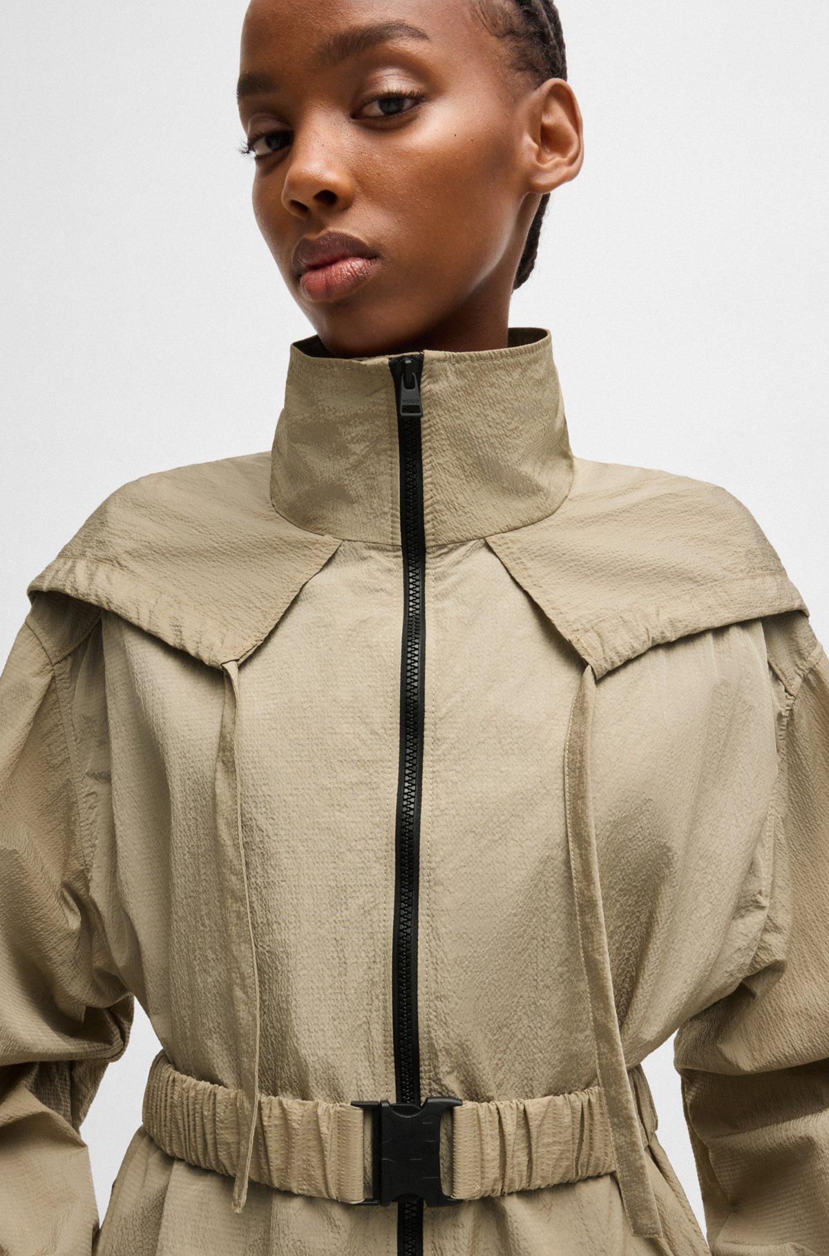 HUGO - Long-length belted parka jacket in seersucker fabric - Light Beige Product Image