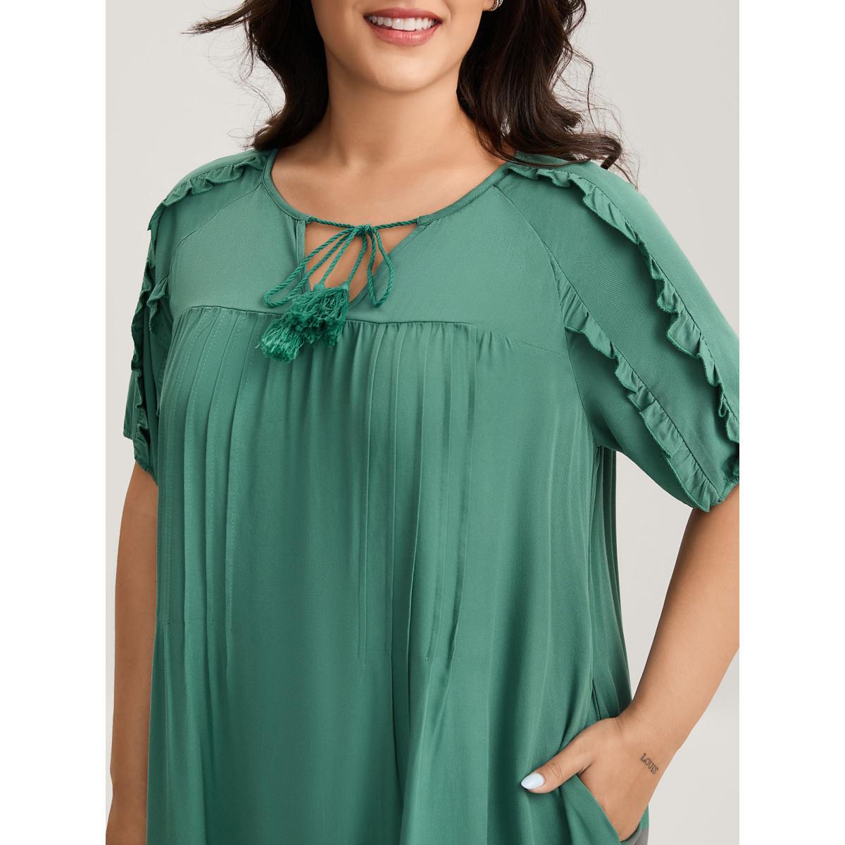 Plus Size Rayon Neck-Tie Pleated Midi Dress Teal Women Notched collar Short sleeve Curvy BloomChic 28/5X Product Image