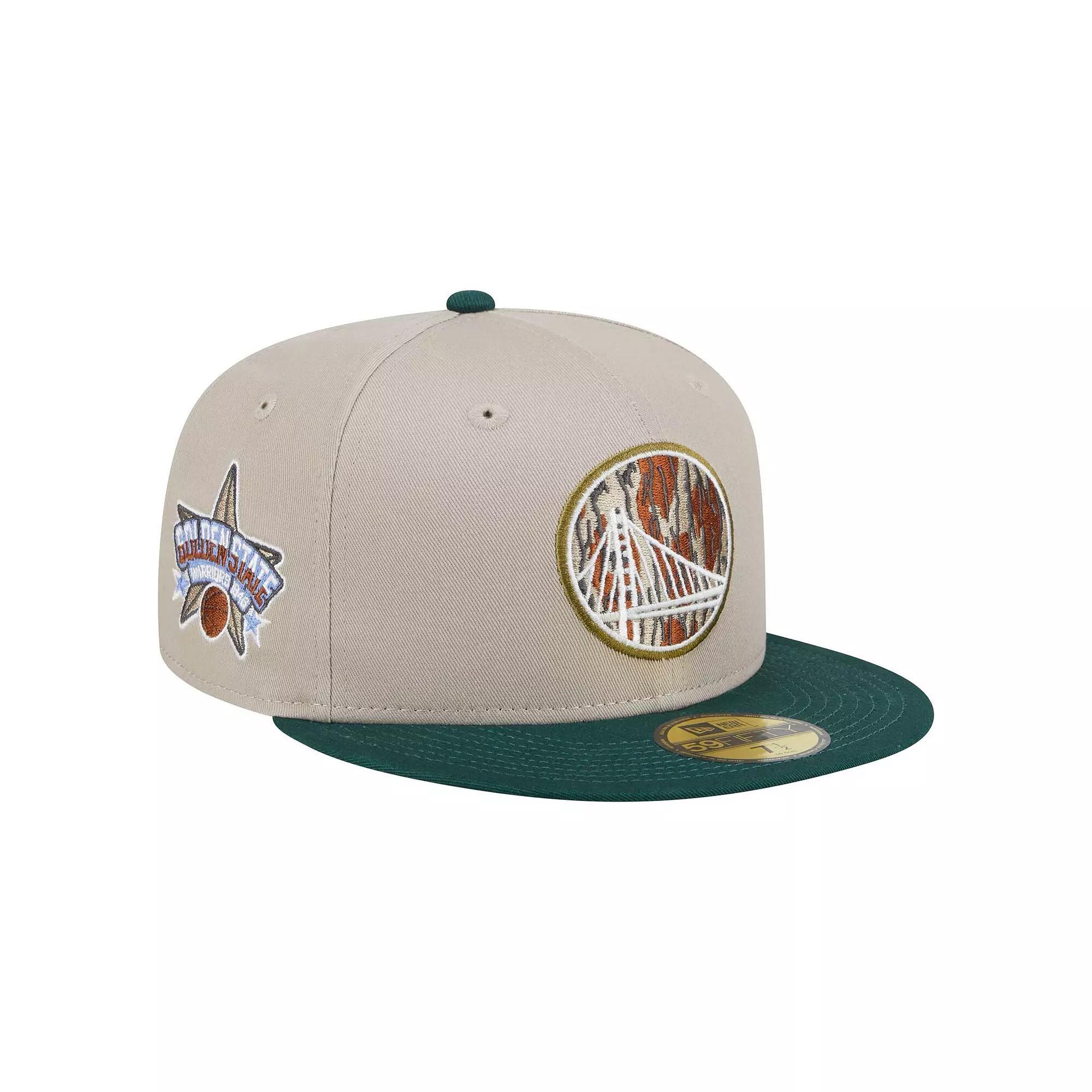 Men's New Era  Natural/Hunter Green Golden State Warriors Lifestyle Tree Bark 59FIFTY Fitted Hat, Size: 7 3/8, Beige Product Image