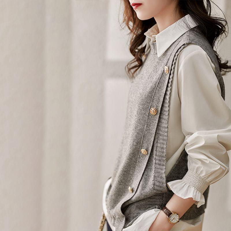 Long-Sleeve Plain Button-Up Shirt / Plain Crew Neck Sweater Vest Product Image