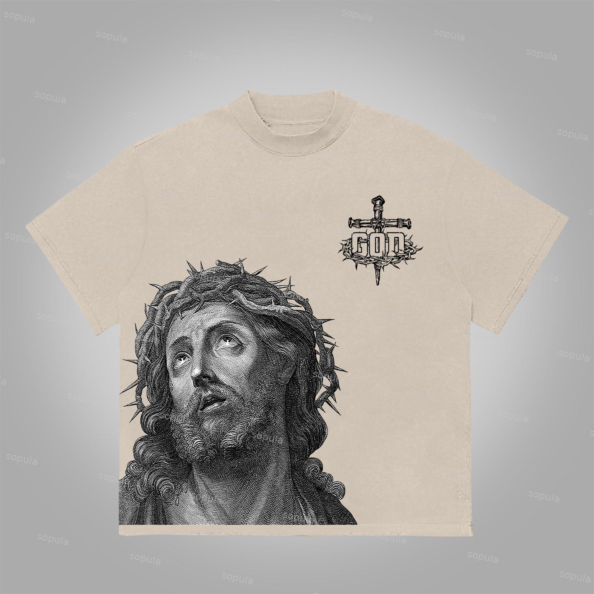 Sopula Jesus Portrait Cross Bible Graphic Print Cotton T-Shirt Product Image