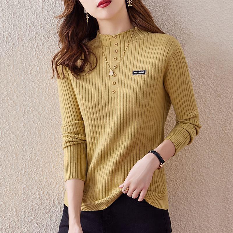 Long-Sleeve Mock Neck Lettering Applique Ribbed Knit Top Product Image