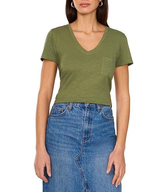 Vince Camuto Knit V Neck Short Sleeve Front Pocket Tee Product Image