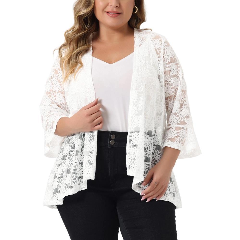 Agnes Orinda Women's Plus Size Casual Open Front 3/4 Sleeve Sheer Lace Cardigan Product Image