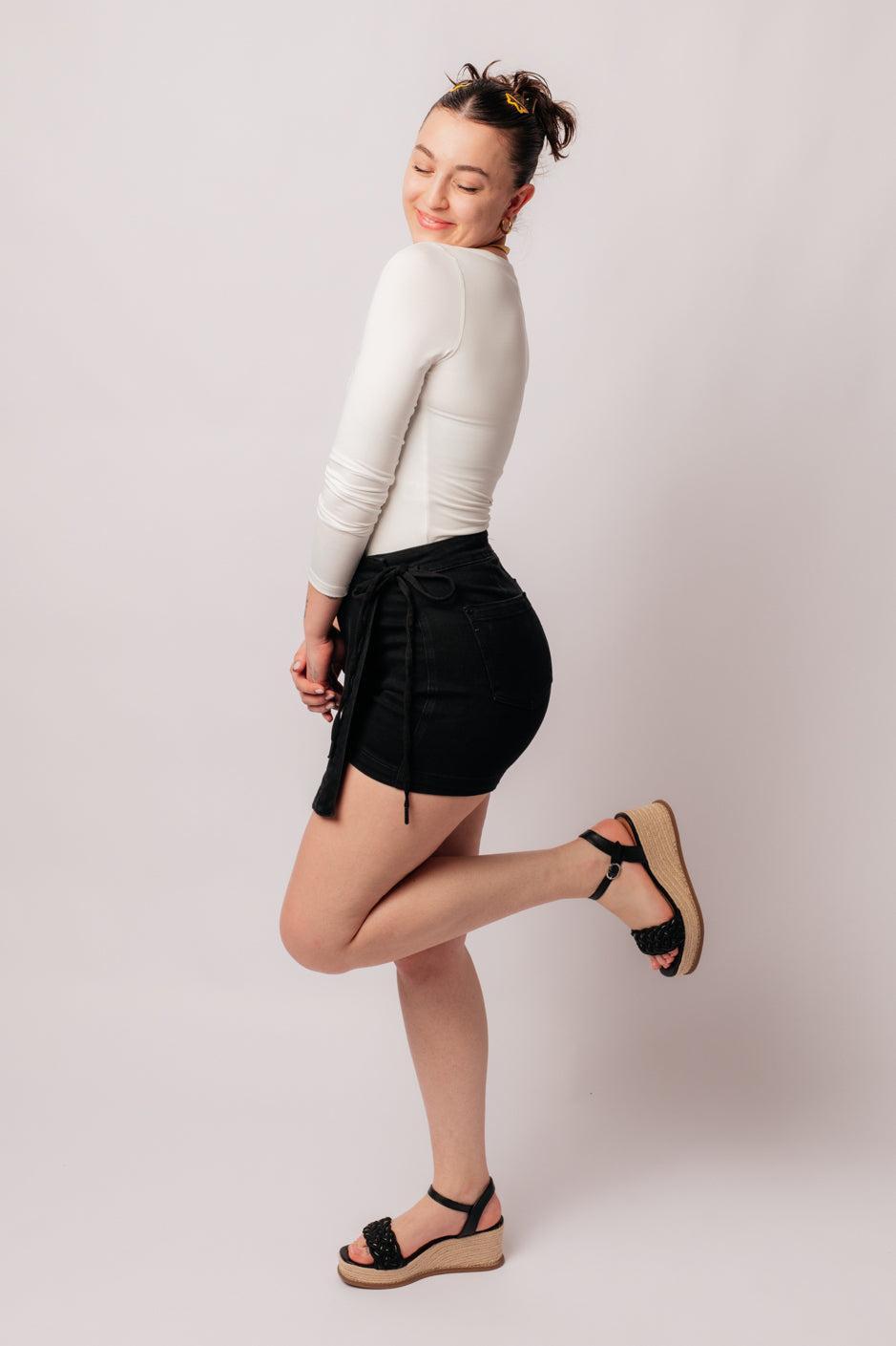 Bentli High Rise Side Tie Denim Skort in Black (Online Exclusive) Product Image