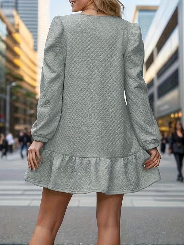 A-Line Long Sleeves Jacquard Pleated Solid Color Split-Joint Round-Neck Mini Dresses Product Image