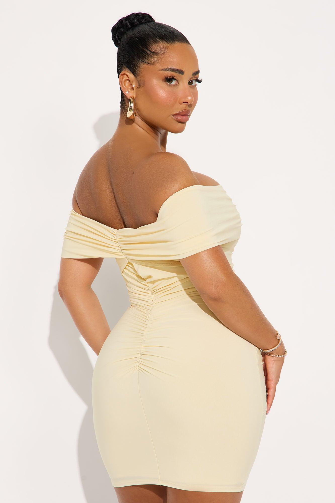 Heather Off Shoulder Ruched Mini Dress - Cream Female Product Image