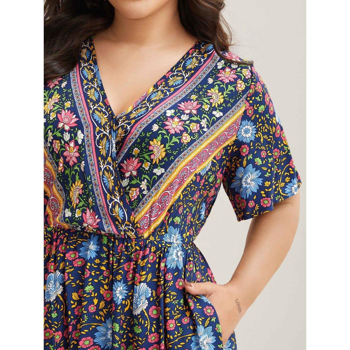 Plus Size Rayon Floral Print Stretchy Waist Midi Dress Indigo Women Slit Overlap Collar Short sleeve Curvy BloomChic 14-16/1X Product Image