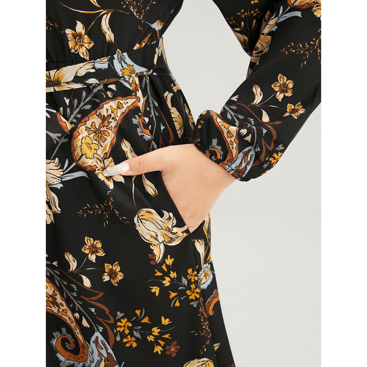Plus Size Floral Pocket Lantern Sleeve V Neck Belted Maxi Dress Black Women Elegant Belted V-neck Long Sleeve Curvy Long Dress BloomChic 18-20/2X Product Image