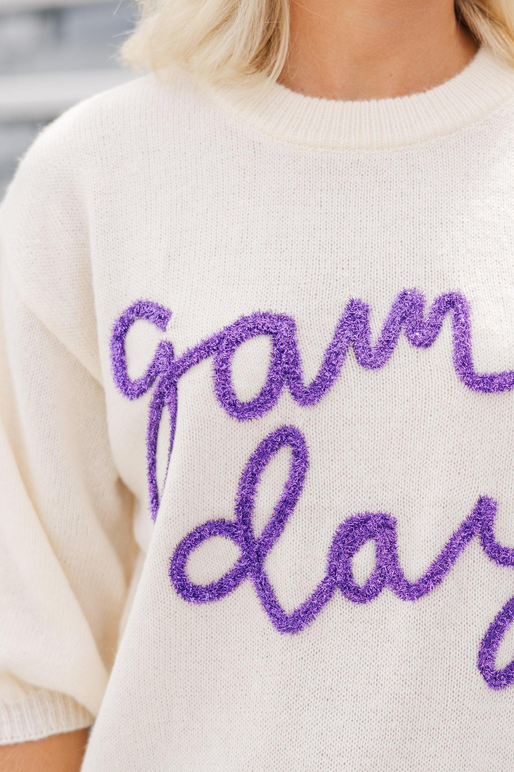 It's Game Day Ivory/Purple Puff Sleeve Sweater Female Product Image