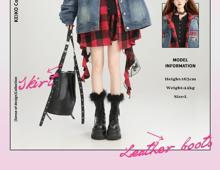 Hooded Plaid Panel Mock Two Piece Washed Denim Oversized Jacket Product Image