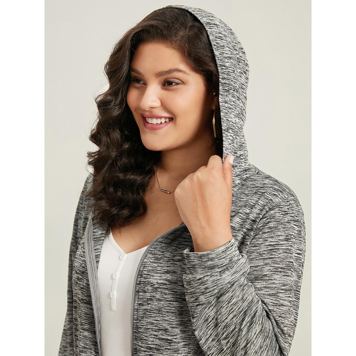 Plus Size Plain Heather Zipper Pocket Hooded Jacket Women DimGray Plain Pocket Dailywear Jackets BloomChic 22-24/3X Product Image