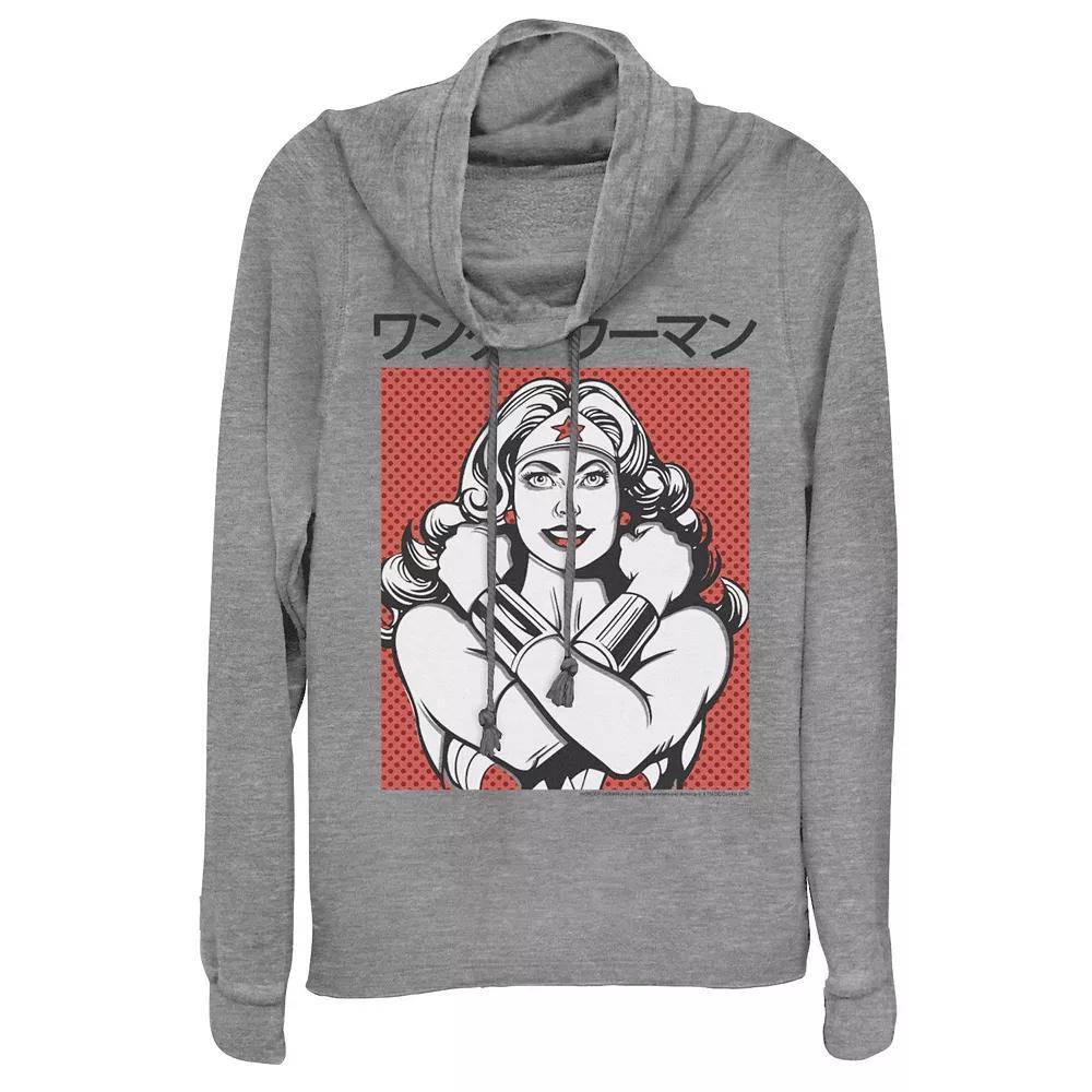 Juniors' DC Comics Wonder Woman Dotted Kanji Portrait Cowlneck Graphic Lightweight Long Sleeve, Girl's, Size: XS, Gray Grey Product Image