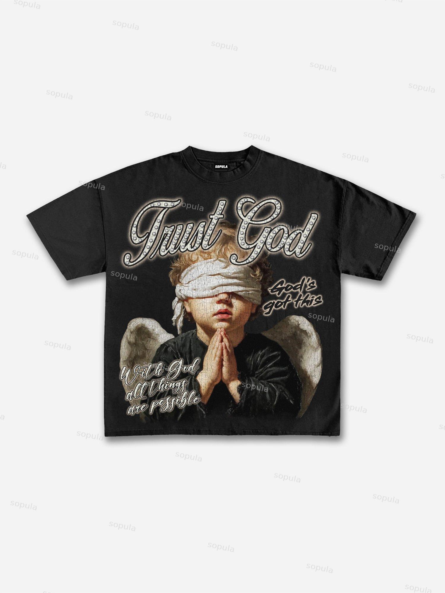 In God We Trust Blindfolded Angel Vintage Distressed Graphic Cotton T-shirt Product Image