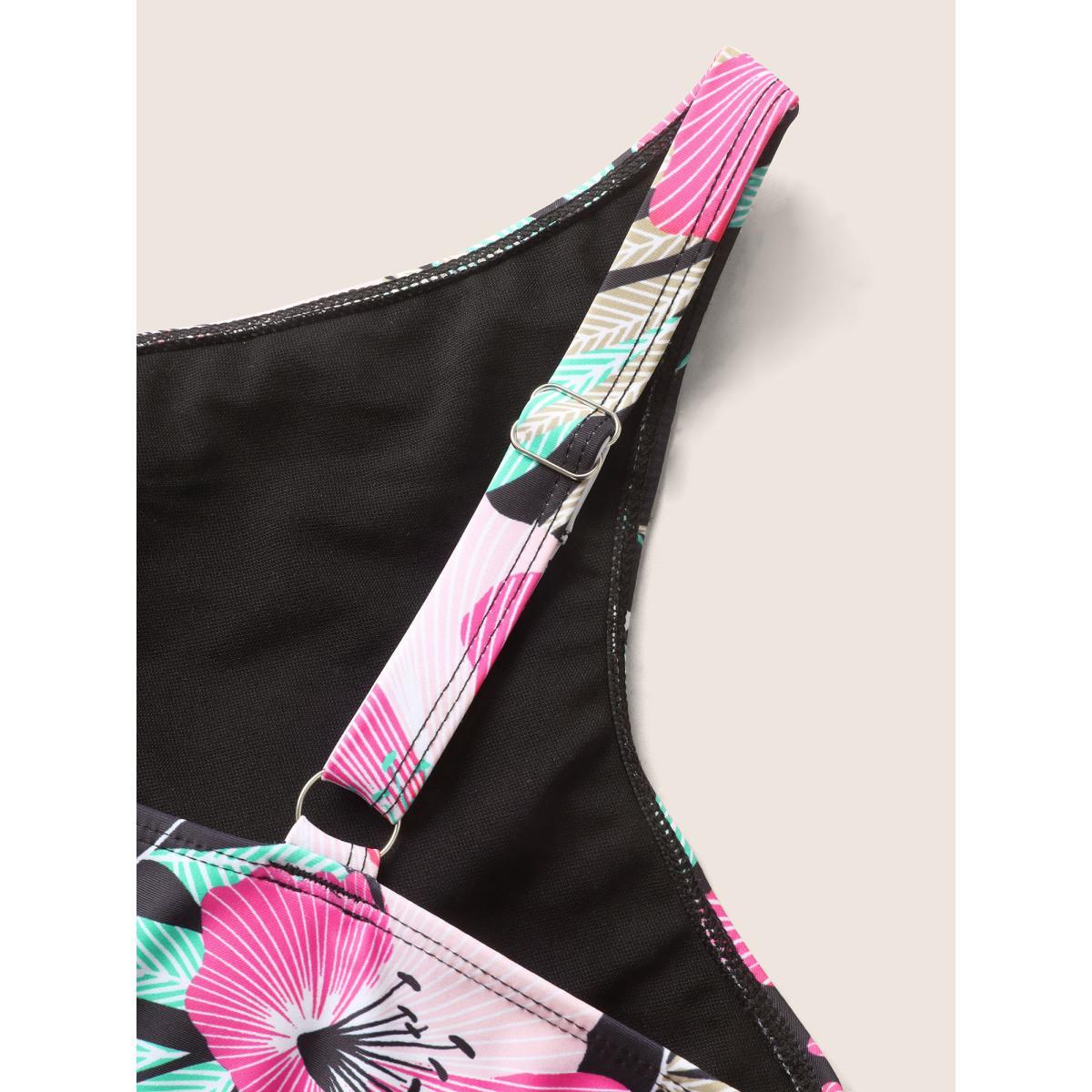Plus Size Overlap Collar Floral Mesh Patchwork Swim Dress Women's Swimwear Black Beach Bodycon Overlap Collar High stretch Curve Swim Dresses BloomChic 10/M Product Image