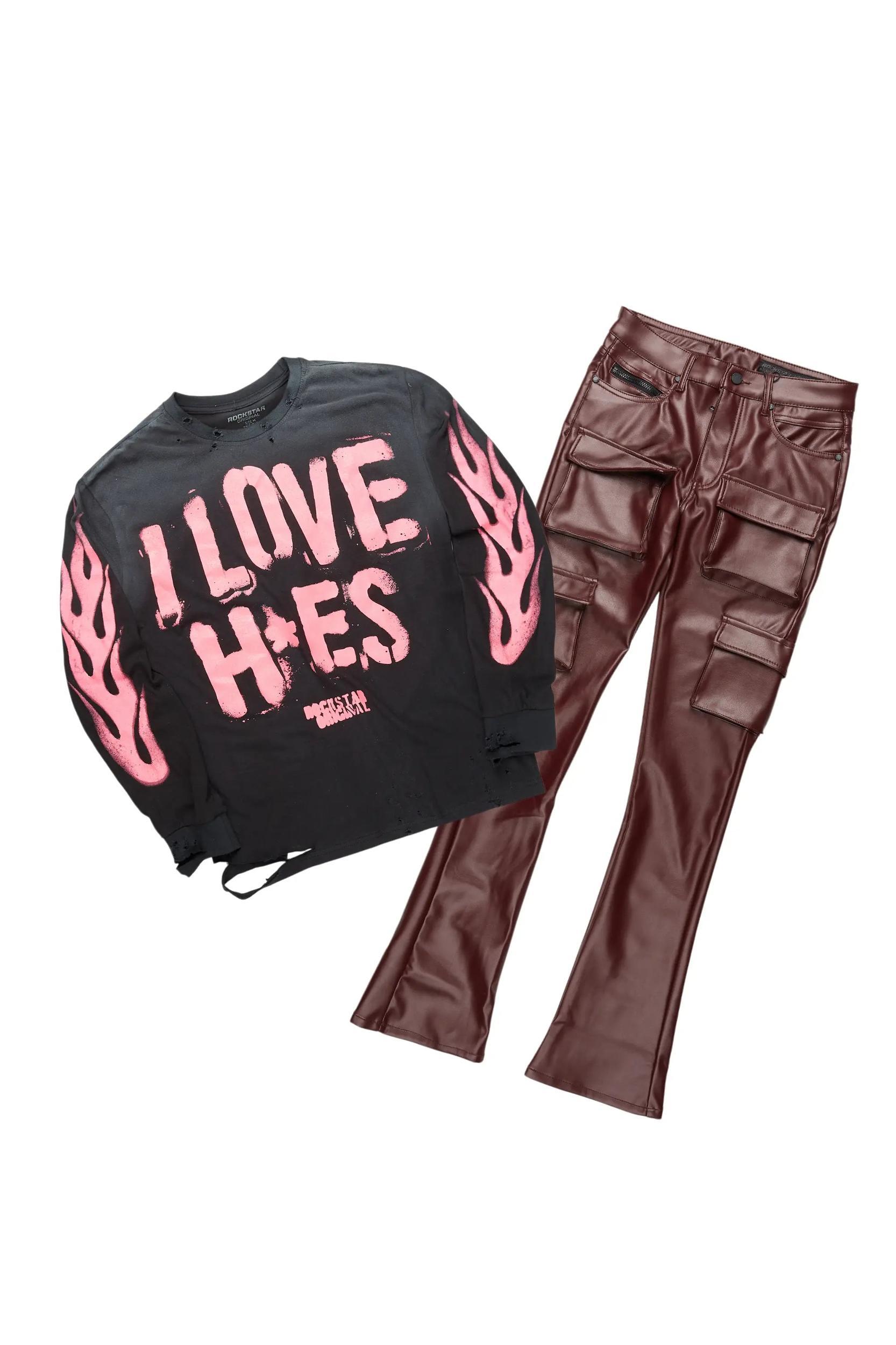 Banyan Black Long Sleeve T-Shirt & Honor Stacked Flare PU Jean Bundle Male Product Image