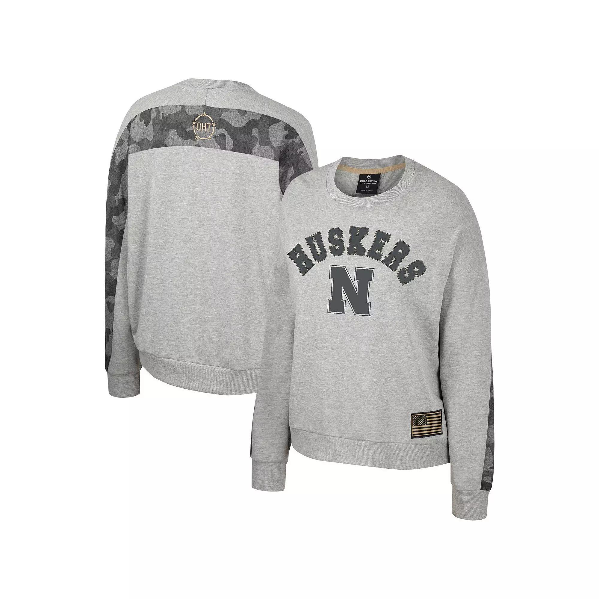 Women's Colosseum Heather Gray Nebraska Huskers OHT Military Appreciation Flag Rank Dolman Pullover Sweatshirt, Size: Large, Grey Product Image