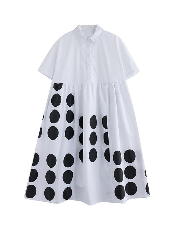 A-Line Loose Buttoned Pockets Polka Dot Printed Lapel Midi Dresses Product Image