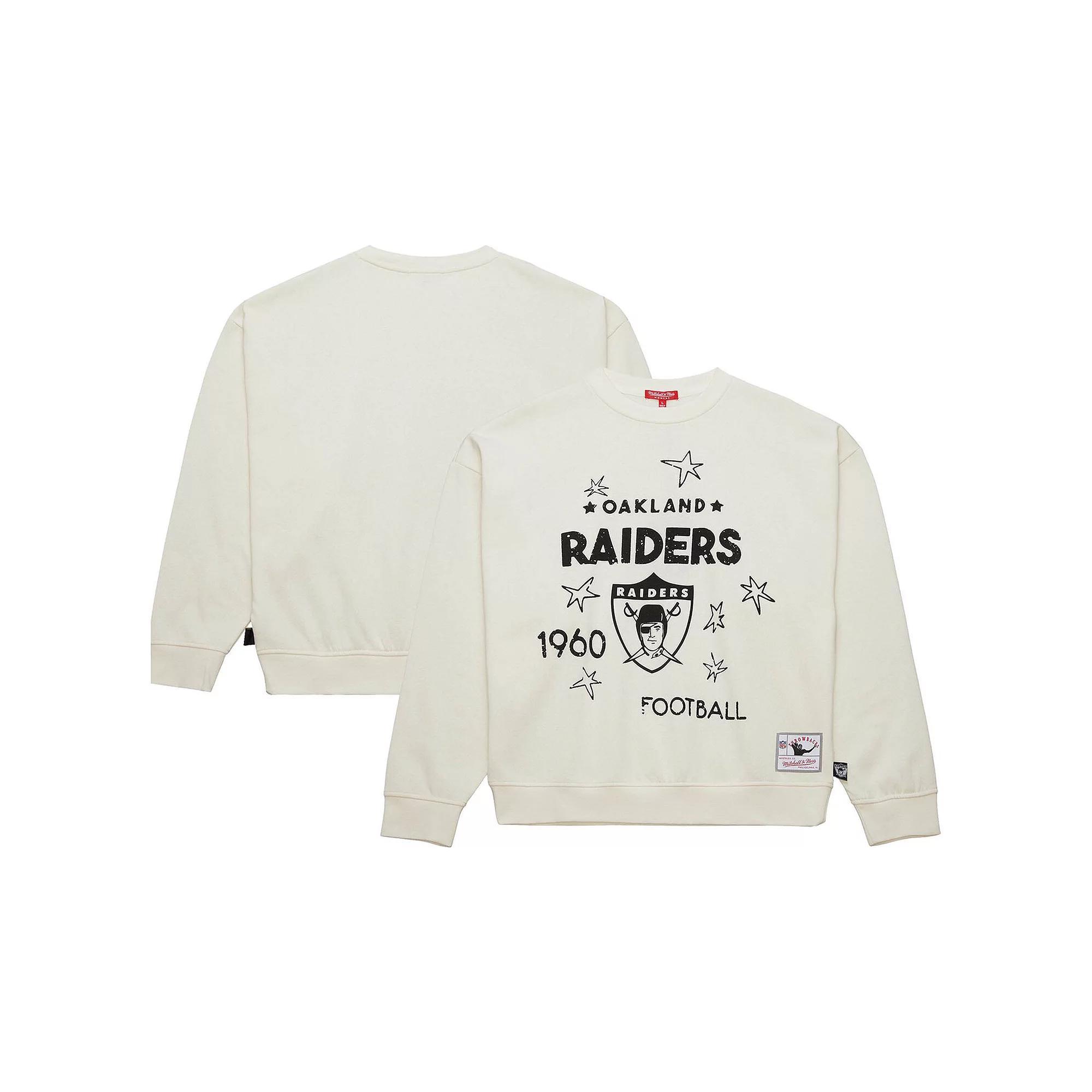Women's Mitchell & Ness  Cream Oakland Raiders Throwback Logo 3.0 Pullover Sweatshirt, Size: XS, Beige Product Image