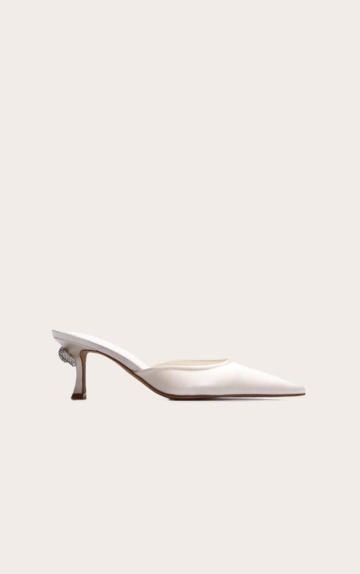Ivory Satin Point Toe Diamante Bow Low Heeled Mules Product Image