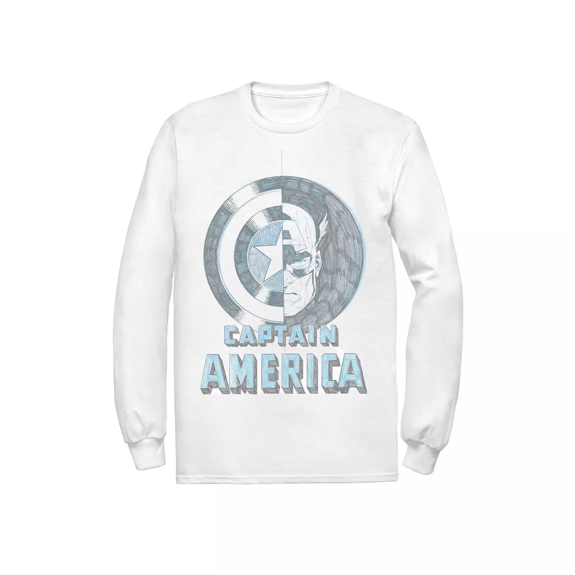 Men's Marvel Captain America Half Face And Shield Portrait Long Sleeve Graphic Tee, Size: XXL, White Product Image
