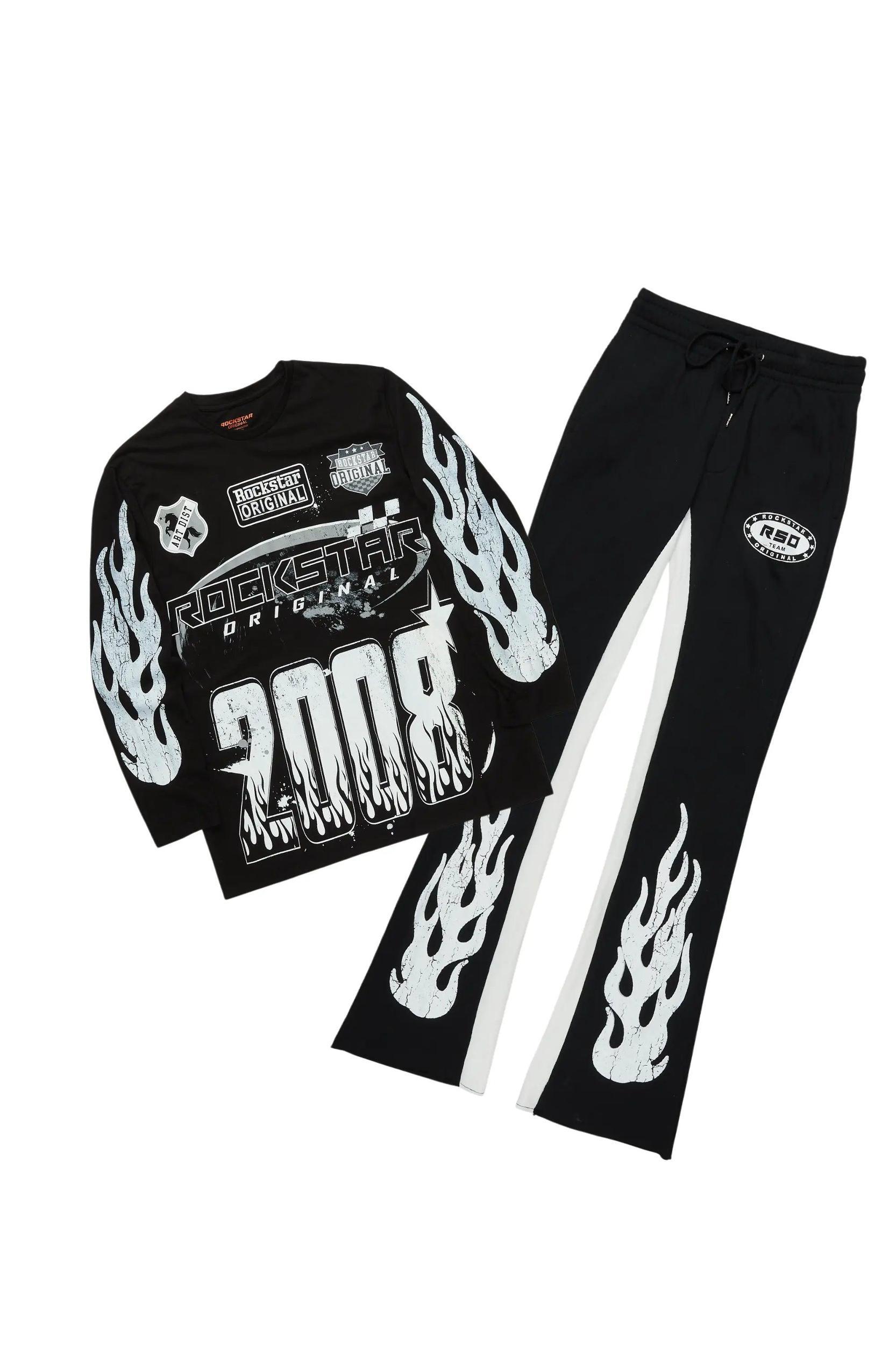 Amos Black/White Long Sleeve T-Shirt/Stacked Baggy Pant Set Male Product Image