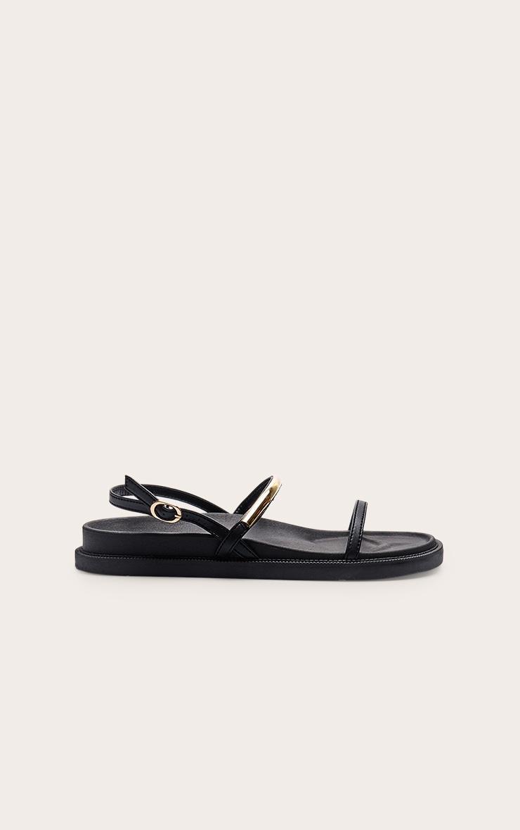 Black Pu Round Toe Gold Strap Footbed Sandals Product Image