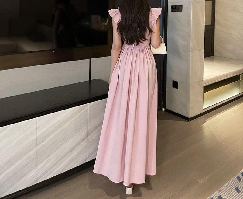 Cap-Sleeve Square Neck Plain Maxi A-Line Dress Product Image