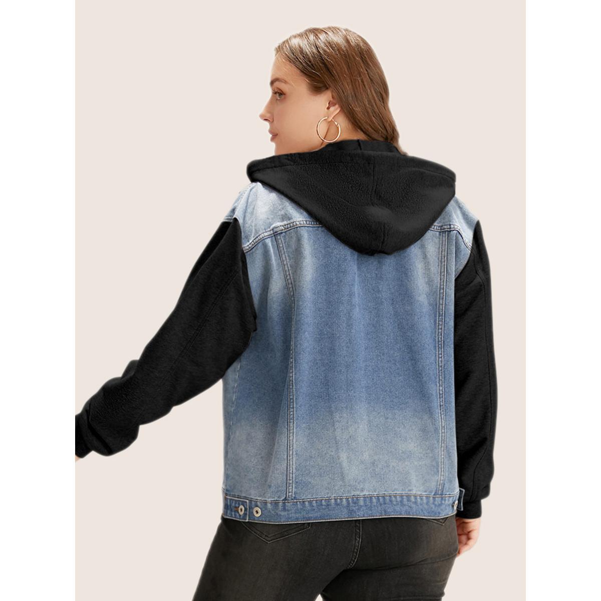 Women Hooded Patchwork Flap Pocket Denim Jacket Black Plus Size Plain Contrast Everyday Slanted pocket Casual Denim Jackets BloomChic 18-20/2X Product Image