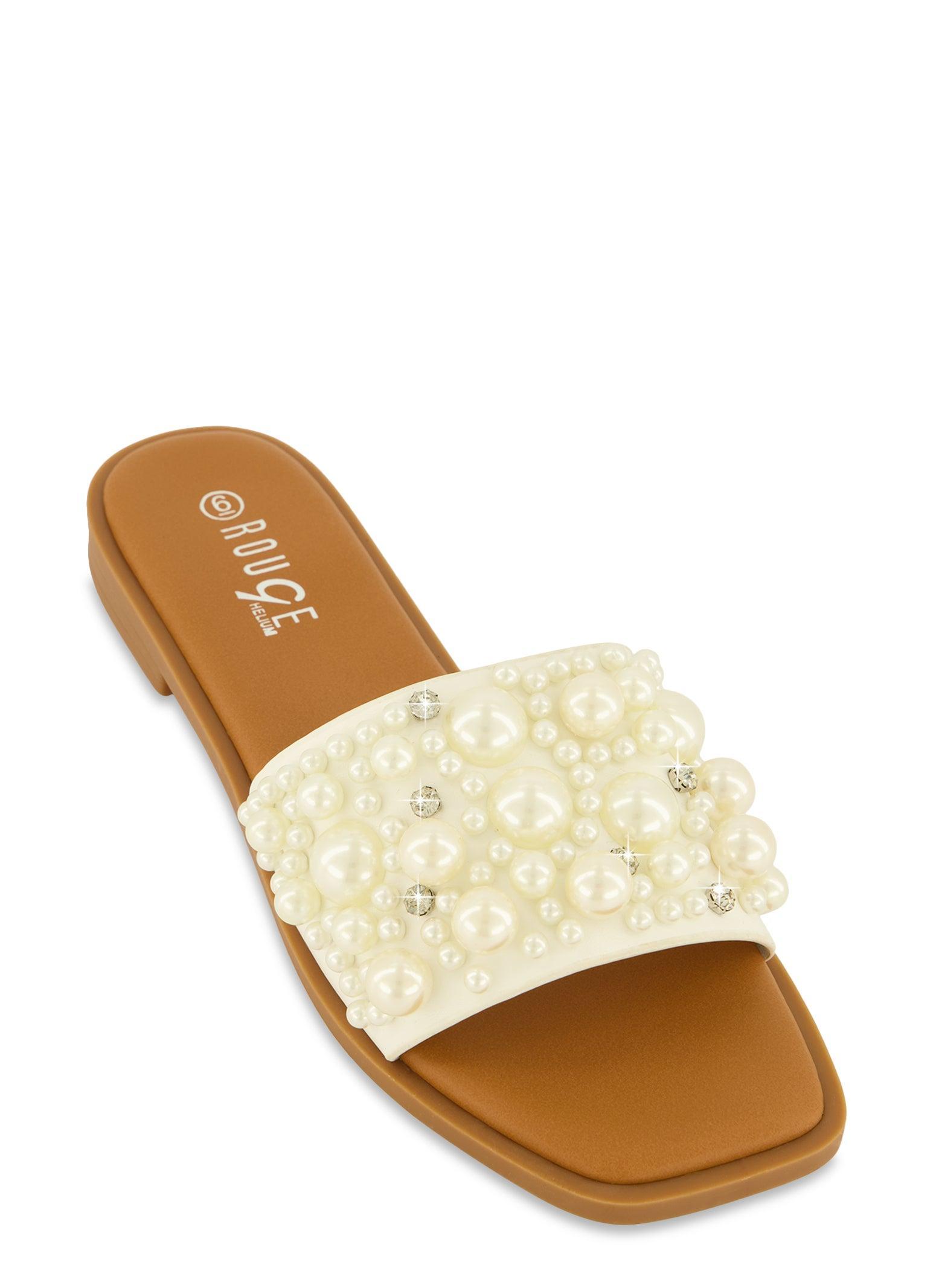 Womens Embellished Faux Pearl Studded Slide Sandals Product Image