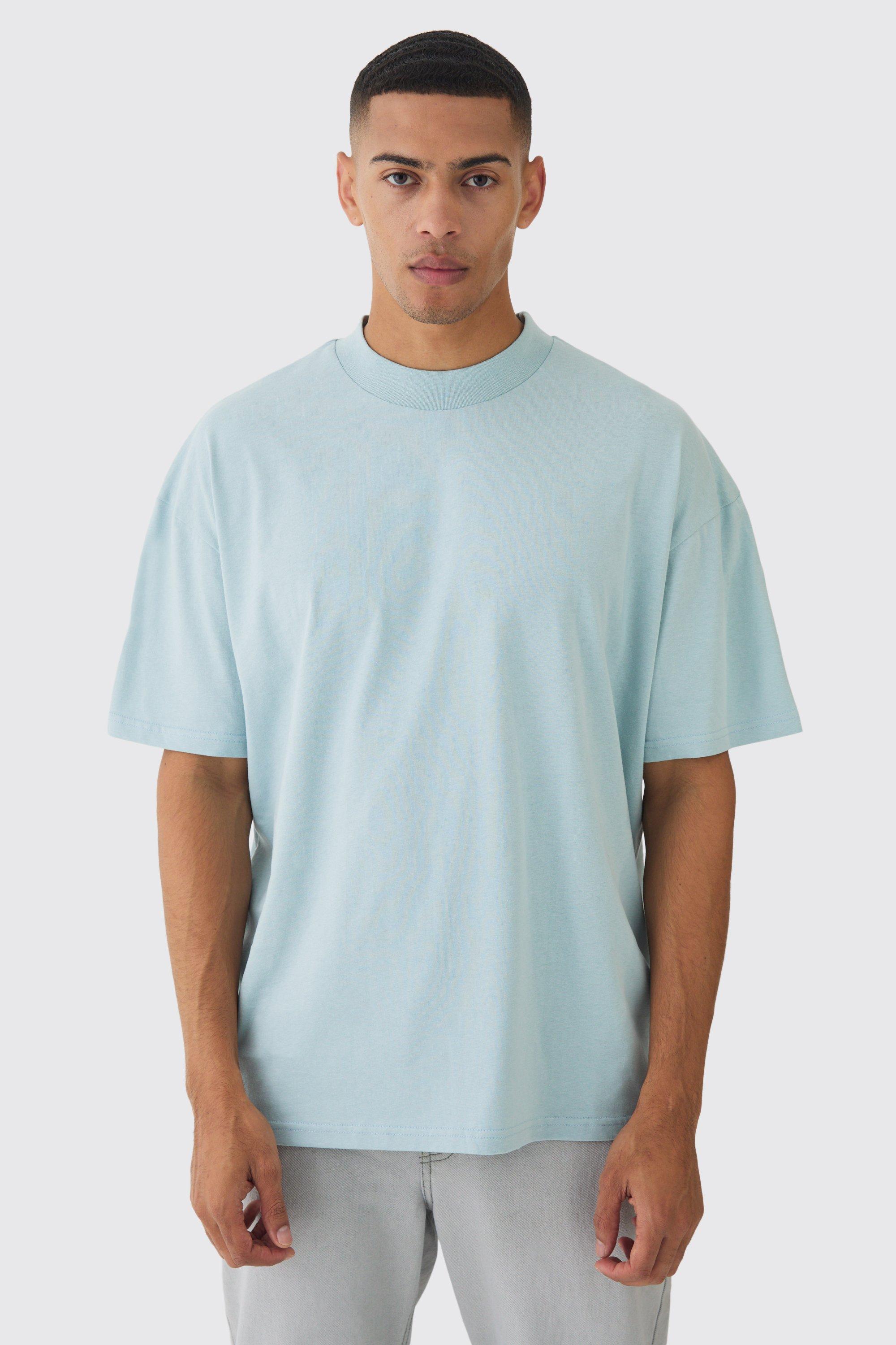 Mens Blue Oversized Extended Neck Heavy T-shirt, Blue Product Image