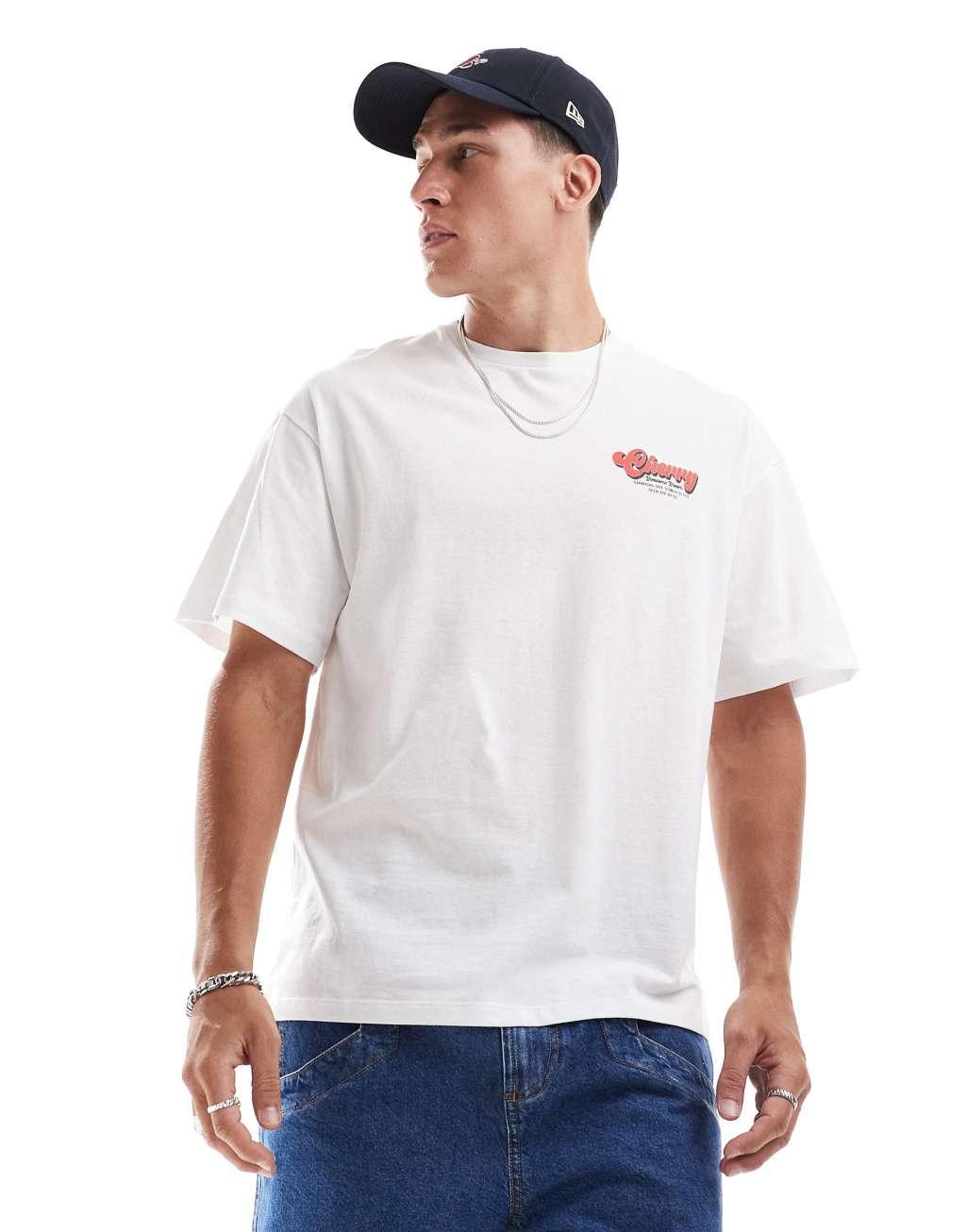 Jack & Jones oversized t-shirt with cherry blossom backprint in white Product Image