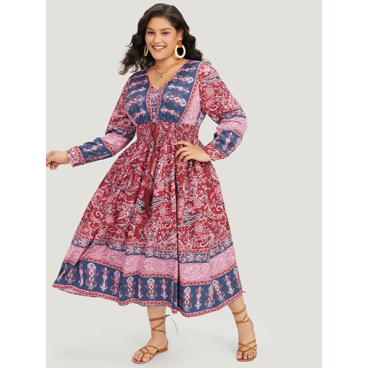 Plus Size Bandana Print Pocket Shirred Bowknot Dress Scarlet Women Vacation Cross straps V-neck Long Sleeve Curvy Midi Dress BloomChic 18-20/2X Product Image