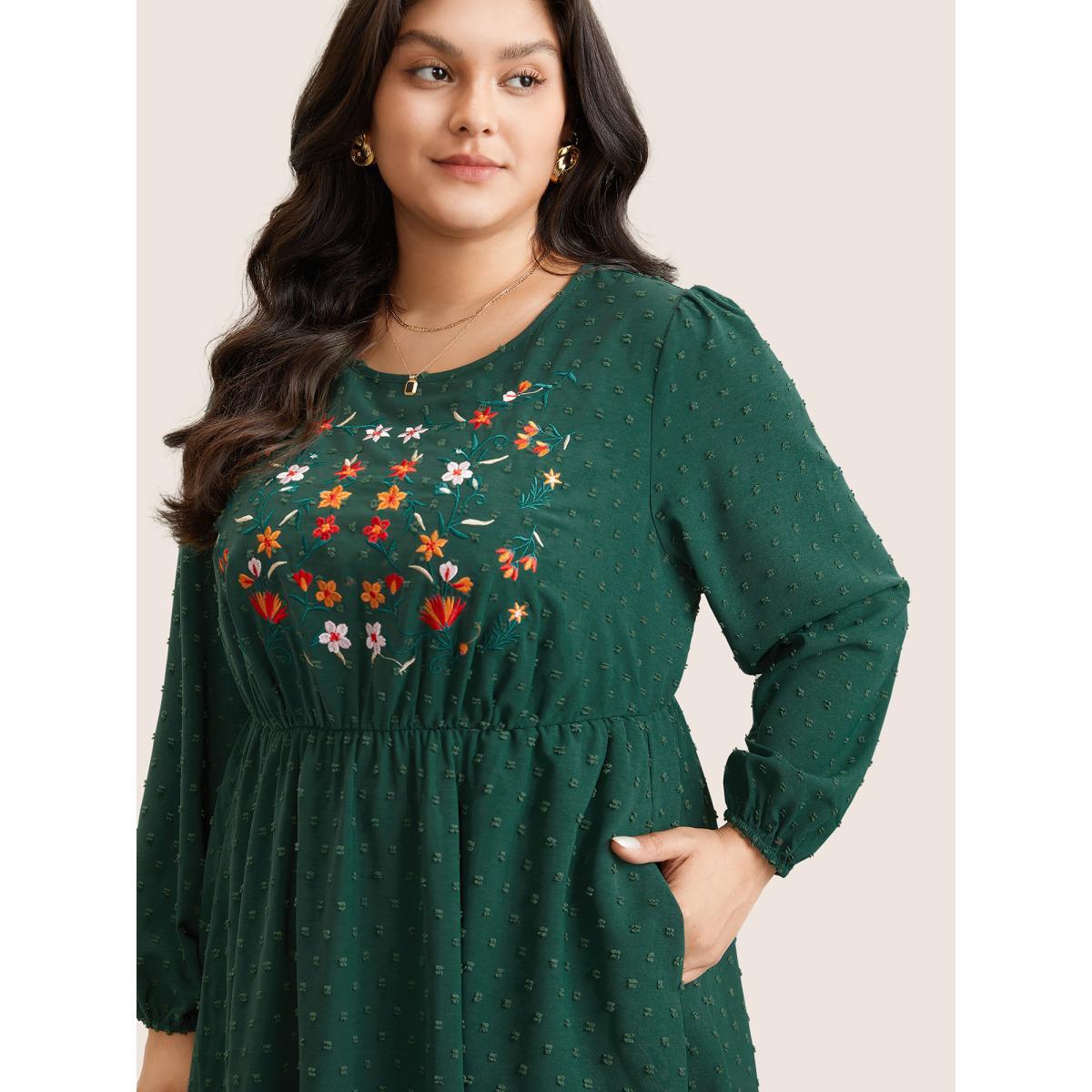 Plus Size Floral Embroidered Textured Ruffle Layered Hem Dress Emerald Women Vacation Elastic cuffs Round Neck Long Sleeve Curvy Midi Dress BloomChic 10/M Product Image