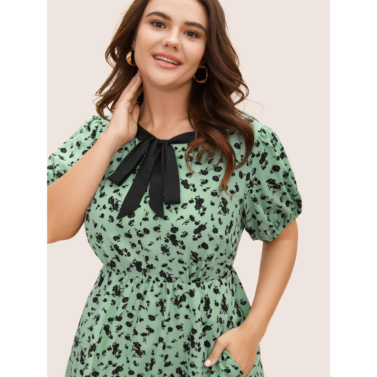 Plus Size Floral A-line Midi Dress Palemauve Women Elegant Tie knot Round Neck Short sleeve Curvy BloomChic 14-16/1X Product Image