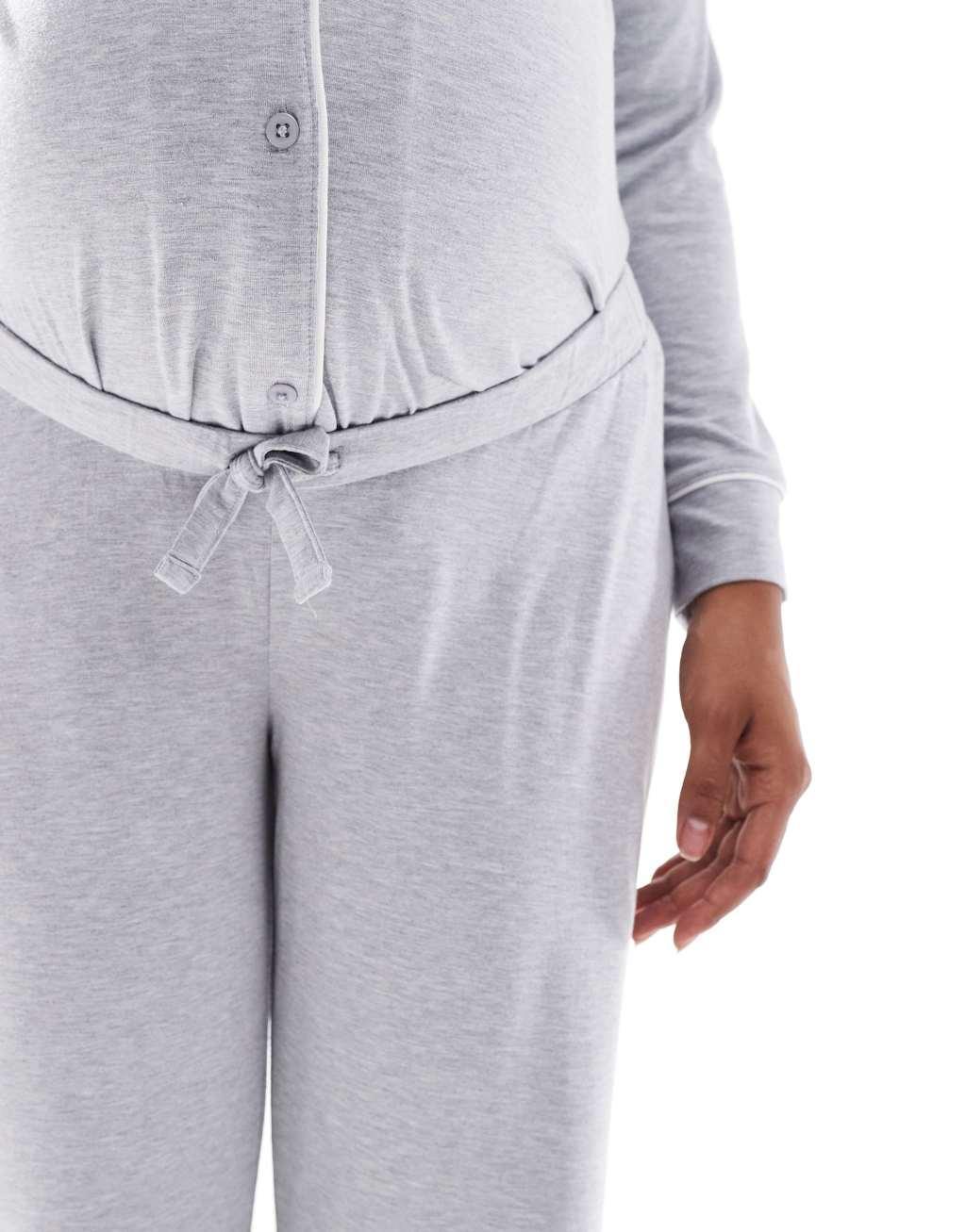ASOS DESIGN Maternity super soft long sleeve shirt & pants pajama set with contrast piping in gray heather Product Image