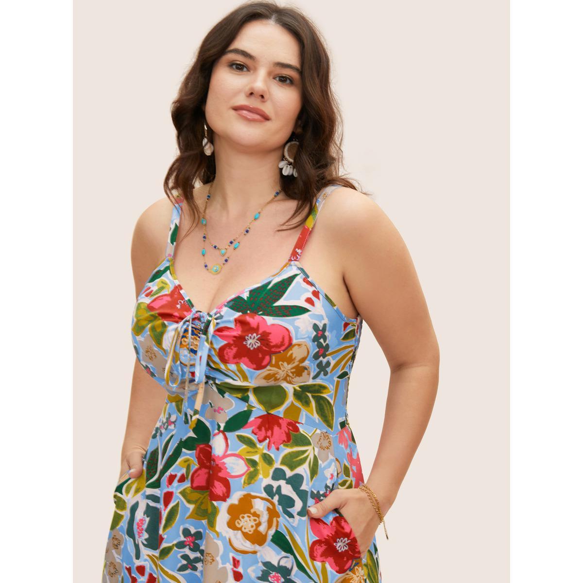 Plus Size Floral Drawstring High Low Hem Cami Dress LightBlue Women Resort Drawstring V-neck Sleeveless Curvy BloomChic 10/M Product Image