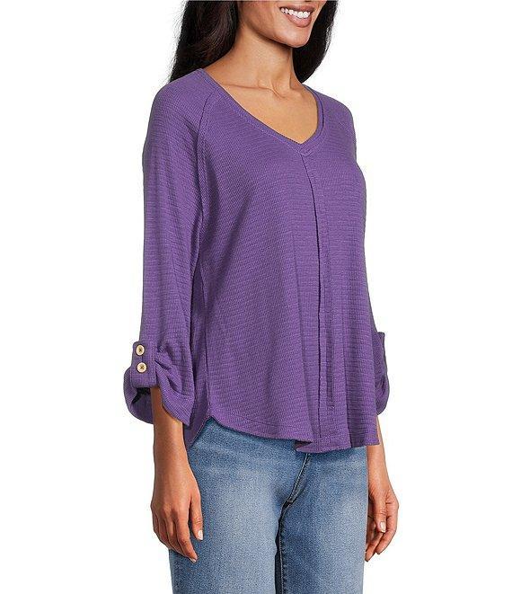Westbound Petite Size Solid Knit 3/4 Bell Sleeve V-Neck Top Product Image