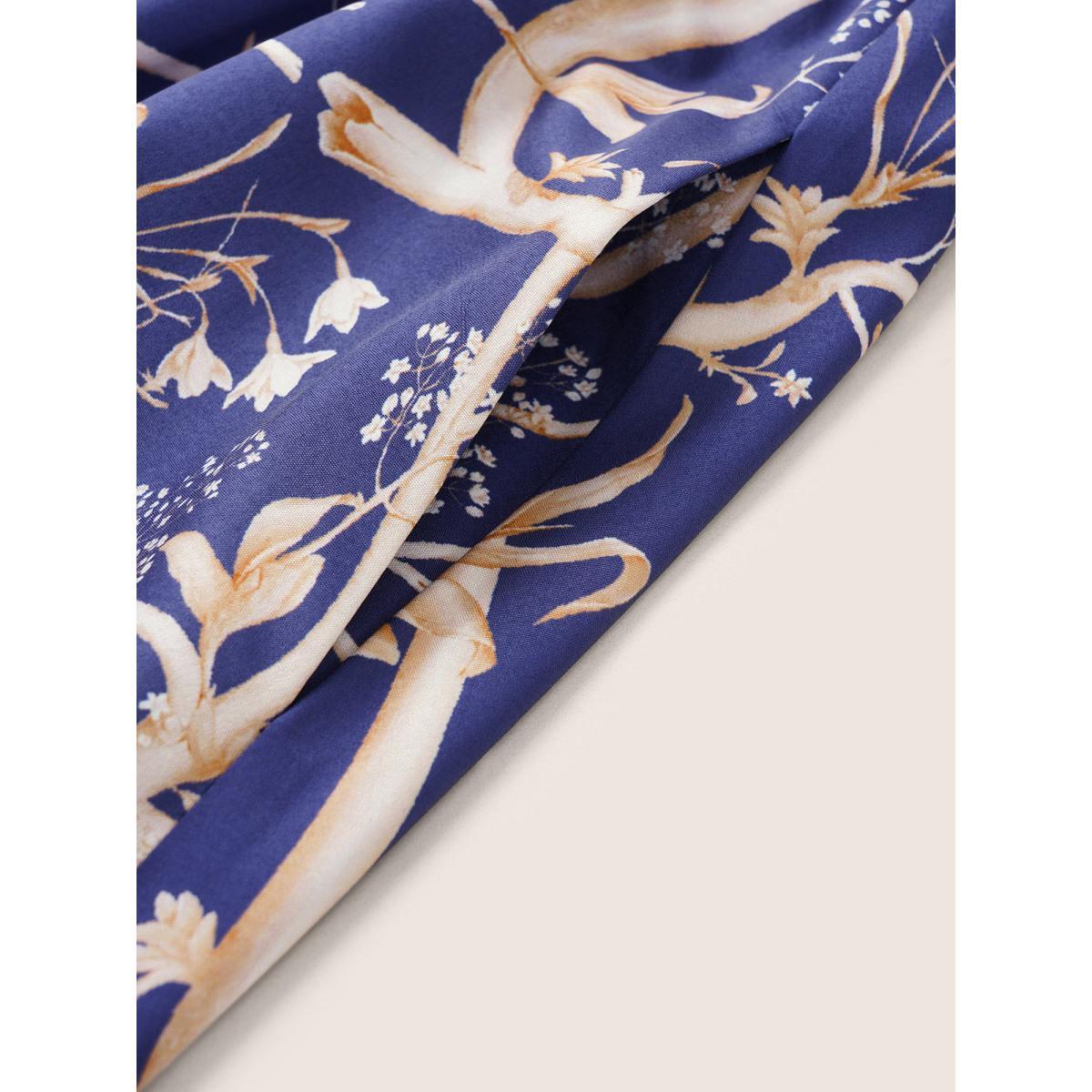 Plus Size Plants Print Contrast Belted Pleated Dress Aegean Women Resort Non Round Neck Short sleeve Curvy Midi Dress BloomChic 10/M Product Image