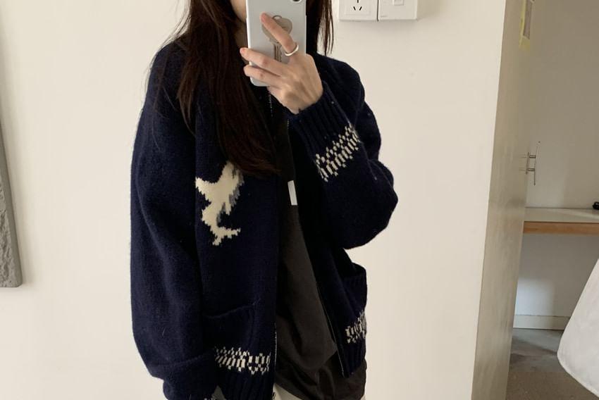 Collared Whale Patterned Zip Cardigan Product Image