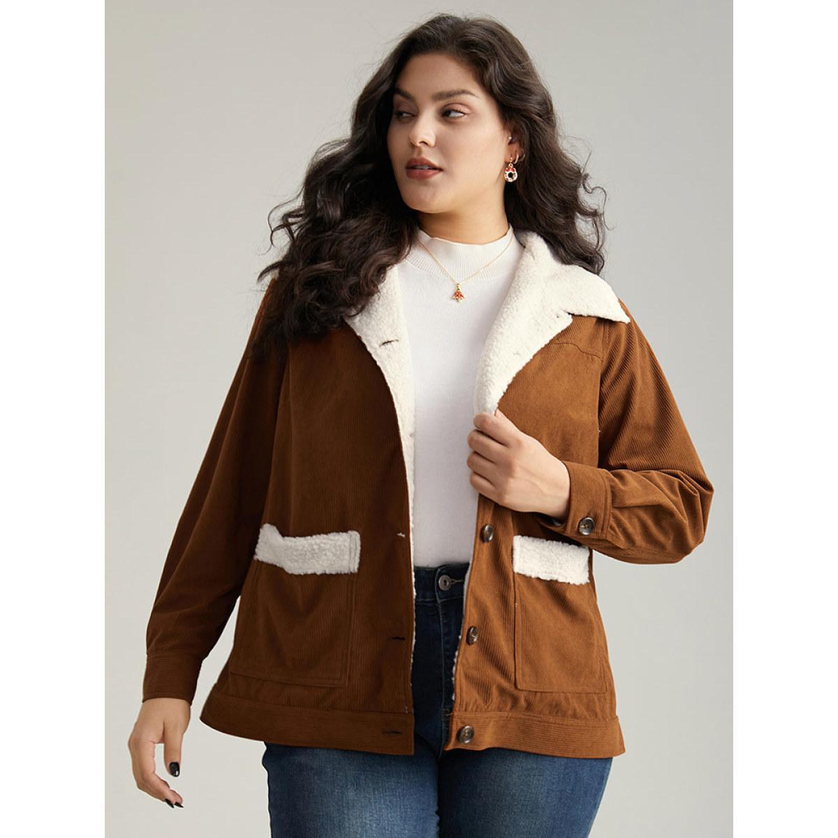 Plus Size Corduroy Lapel Collar Fuzzy Patchwork Button Fly Coat Women Maroon Casual Contrast Ladies Dailywear Winter Coats BloomChic 18-20/2X Product Image