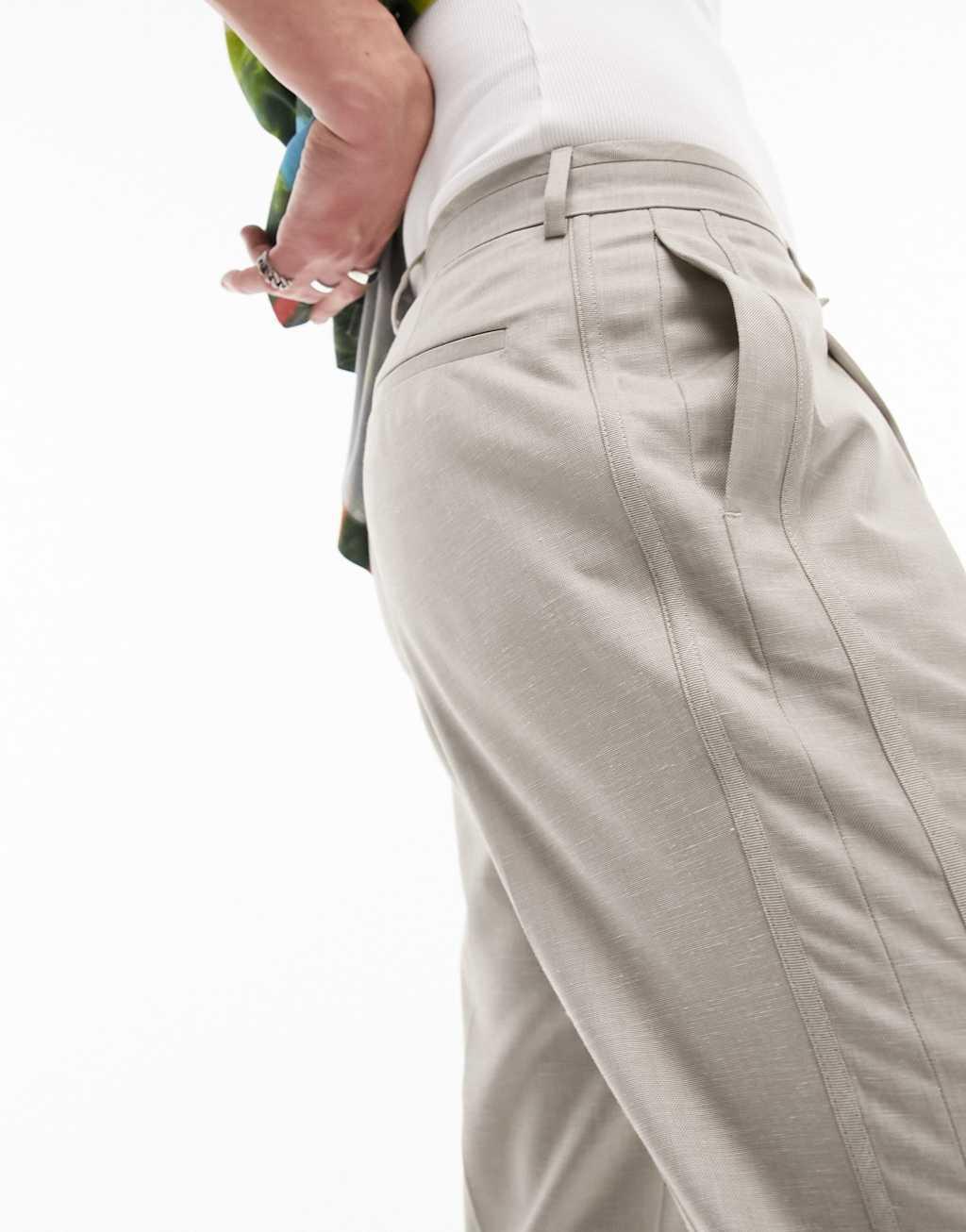 Topman tapered linen blend pants in stone Product Image