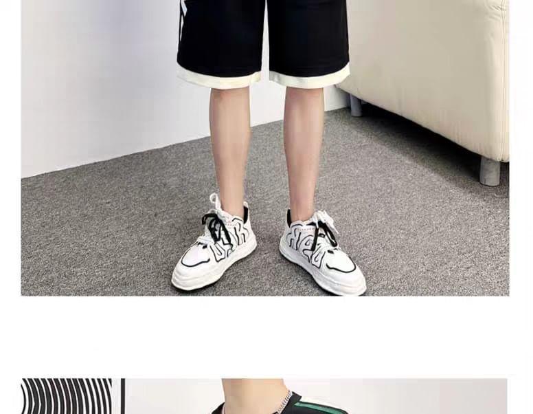 Set: 3/4-Sleeve Crew Neck Lettering Print T-Shirt + Drawstring Waist Wide Leg Sweat Shorts Product Image