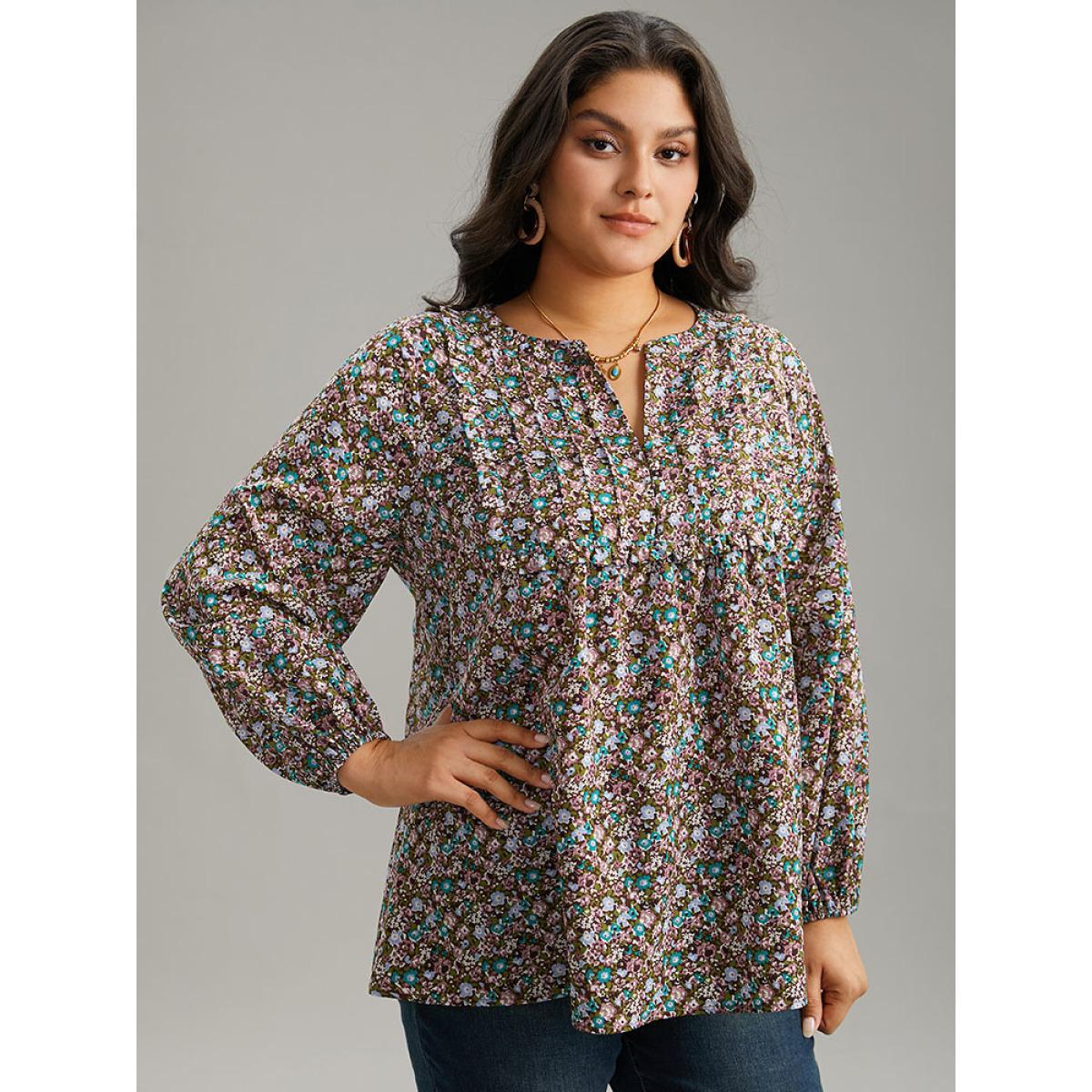 Plus Size DarkBrown Ditsy Floral Notched Frill Trim Blouse Women Elegant Long Sleeve Notched collar Dailywear Blouses BloomChic 26/4X Product Image