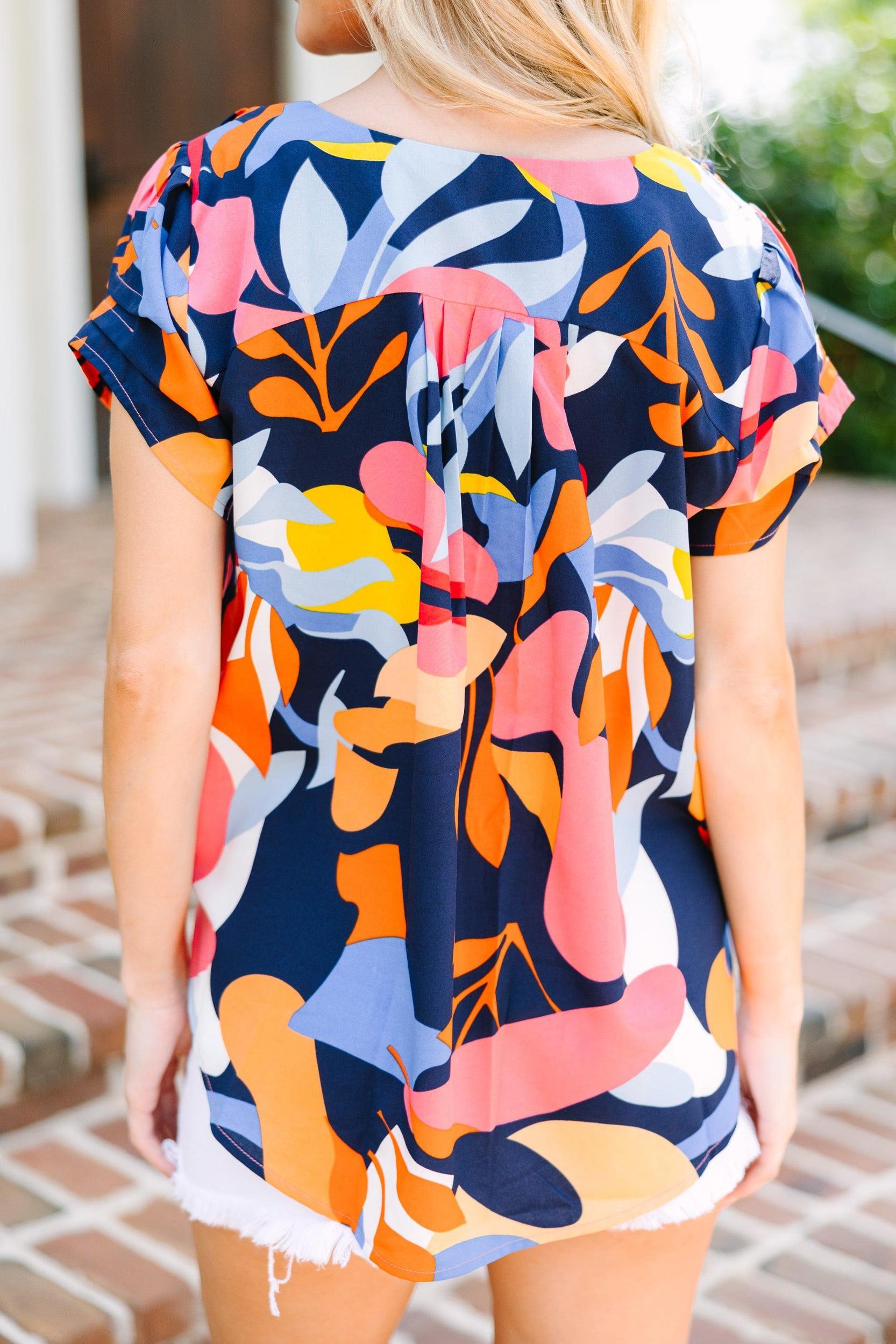 Just Saying Navy Blue Abstract Blouse Female Product Image